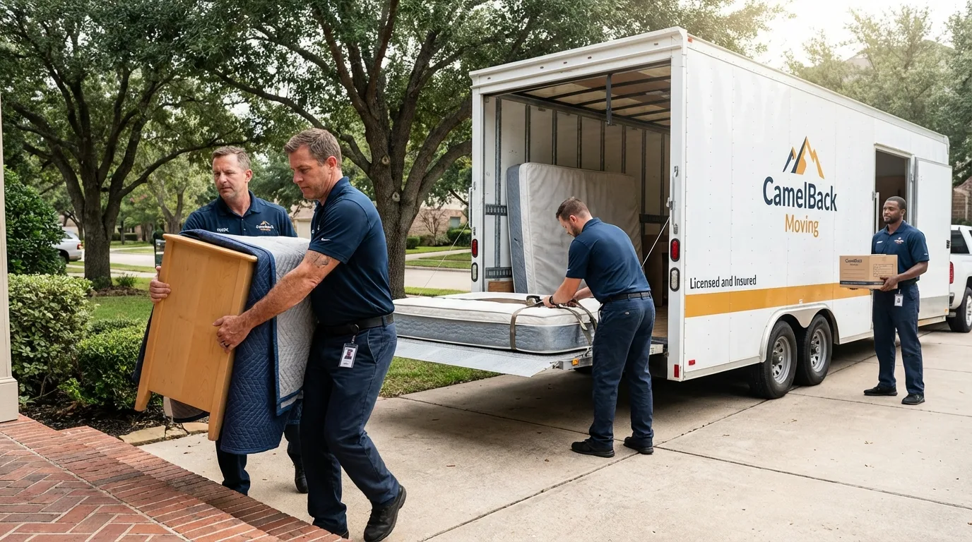 Crew loading residential truck for cross-state move from El Paso, TX