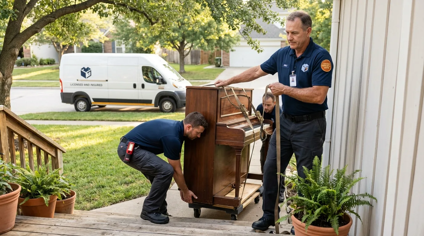 Licensed piano movers securing grand piano in El Paso, TX