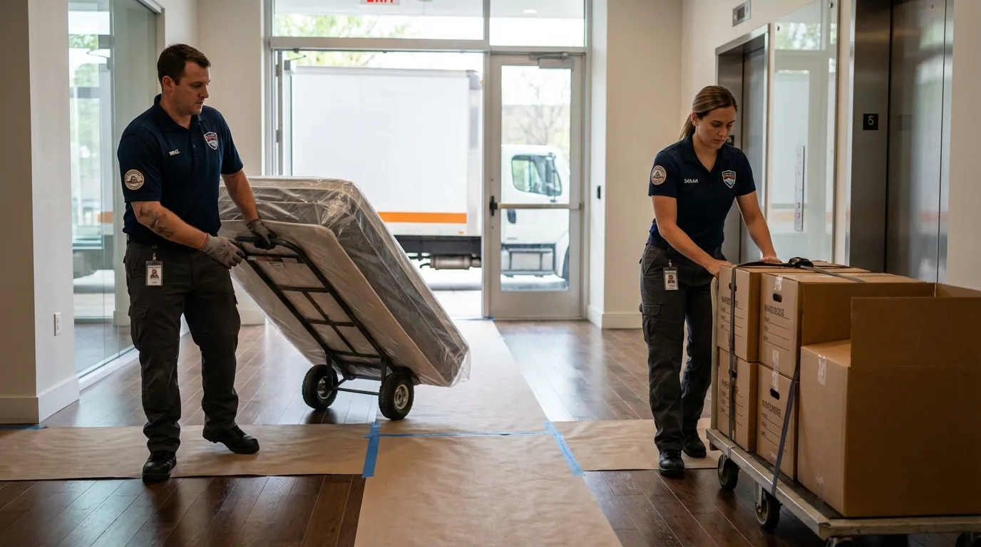 Professional apartment movers loading elevator in El Paso, TX